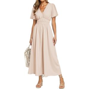 imageSimplee Womens Summer Flowy Midi Dress Casual V Neck Short Sleeve Empire Waist Boho Beach Wedding Guest DressesApricot