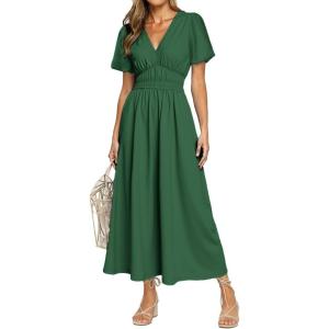 imageSimplee Womens Summer Flowy Midi Dress Casual V Neck Short Sleeve Empire Waist Boho Beach Wedding Guest DressesEmerald Green