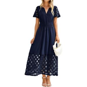 imageSimplee Womens Summer Maxi Dress 2026 V Neck Empire Waist Long Flowy Boho Dresses with PocketsNavy Blue