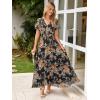imageSimplee Womens Floral Maxi Dress Short Sleeve Summer Boho Wedding Guest Dress Empire Waist Chiffon Modest Midi DressesBlack Brown Floral