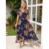 imageSimplee Womens Floral Maxi Dress Short Sleeve Summer Boho Wedding Guest Dress Empire Waist Chiffon Modest Midi DressesBlue Yellow Floral