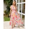 imageSimplee Womens Floral Maxi Dress Short Sleeve Summer Boho Wedding Guest Dress Empire Waist Chiffon Modest Midi DressesPink Floral 2