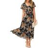 imageSimplee Womens Floral Maxi Dress Short Sleeve Summer Boho Wedding Guest Dress Empire Waist Chiffon Modest Midi DressesBlack Brown Floral