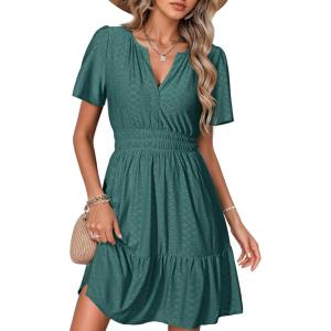 imageSimplee Womens 2026 Summer Mini Dress Eyelet Short Sleeve Cocktail Short Dresses Cute A Line Sun Dress with PocketsDark Green