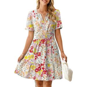 imageSimplee Womens 2026 Summer Mini Dress Eyelet Short Sleeve Cocktail Short Dresses Cute A Line Sun Dress with PocketsPink Floral