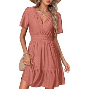 imageSimplee Womens 2026 Summer Mini Dress Eyelet Short Sleeve Cocktail Short Dresses Cute A Line Sun Dress with PocketsRust Pink