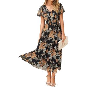 imageSimplee Womens Floral Maxi Dress Short Sleeve Summer Boho Wedding Guest Dress Empire Waist Chiffon Modest Midi DressesBlack Brown Floral