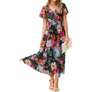 imageSimplee Womens Floral Maxi Dress Short Sleeve Summer Boho Wedding Guest Dress Empire Waist Chiffon Modest Midi DressesBlack Peony