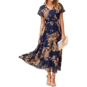 imageSimplee Womens Floral Maxi Dress Short Sleeve Summer Boho Wedding Guest Dress Empire Waist Chiffon Modest Midi DressesBlue Yellow Floral