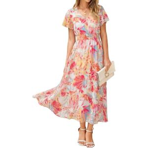imageSimplee Womens Floral Maxi Dress Short Sleeve Summer Boho Wedding Guest Dress Empire Waist Chiffon Modest Midi DressesPink Floral 2