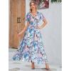 imageSimplee Women Floral Boho Maxi Dress Spring Wedding Guest Empire Waist V Neck Short Sleeve Long Flowy Dresses XL Blue Green Floral