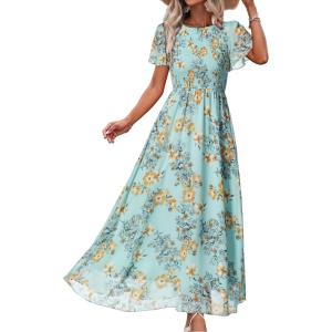 imageSimplee Womens Casual Floral Summer Maxi Dresses 2026 Boho Flowy Short Sleeve Crew Neck Vacation Smocked Chiffon Dress1 Floral Light Green