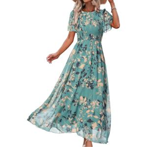 imageSimplee Womens Casual Floral Summer Maxi Dresses 2026 Boho Flowy Short Sleeve Crew Neck Vacation Smocked Chiffon Dress2 Lake Blue