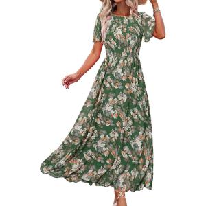 imageSimplee Womens Casual Floral Summer Maxi Dresses 2026 Boho Flowy Short Sleeve Crew Neck Vacation Smocked Chiffon DressFloral Aqua