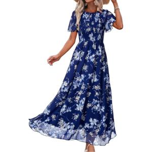 imageSimplee Womens Casual Floral Summer Maxi Dresses 2026 Boho Flowy Short Sleeve Crew Neck Vacation Smocked Chiffon DressFloral Blue 2