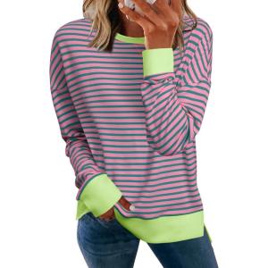 imageSimplee Womens Oversized Striped Sweatshirt Casual Long Sleeve Crewneck Loose Trendy Pullover Tops Fashion Clothes 2026Stripedgreen Block