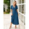 imageSimplee Womens Summer Flowy Midi Dress Casual V Neck Short Sleeve Empire Waist Boho Beach Dress Wedding Guest Maxi Dress Deep BlueXL