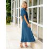 imageSimplee Womens Summer Flowy Midi Dress Casual V Neck Short Sleeve Empire Waist Boho Beach Dress Wedding Guest Maxi Dress Deep BlueXL