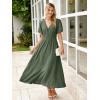 imageSimplee Womens Summer Flowy Midi Dress Casual V Neck Short Sleeve Empire Waist Boho Beach Dress Wedding Guest Maxi Dresses Army GreenS