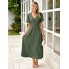 imageSimplee Womens Summer Flowy Midi Dress Casual V Neck Short Sleeve Empire Waist Boho Beach Dress Wedding Guest Maxi Dresses Army GreenS