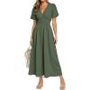 imageSimplee Womens Summer Flowy Midi Dress Casual V Neck Short Sleeve Empire Waist Boho Beach Dress Wedding Guest Maxi Dresses Army GreenS