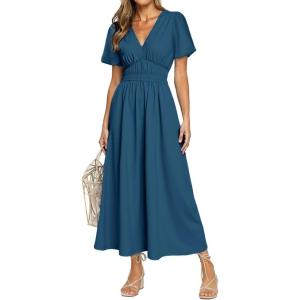 imageSimplee Womens Summer Flowy Midi Dress Casual V Neck Short Sleeve Empire Waist Boho Beach Dress Wedding Guest Maxi Dress Deep BlueXL