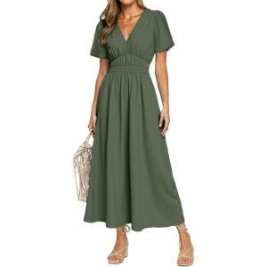 imageSimplee Womens Summer Flowy Midi Dress Casual V Neck Short Sleeve Empire Waist Boho Beach Dress Wedding Guest Maxi Dresses Army GreenS