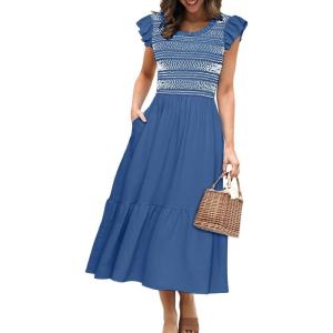 imageSimplee Womens Summer Midi Dress Casual Boho Smocked Waist Flutter Sleeve A Line Flowy Tiered Dress with Pockets Dark Blue