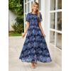 imageSimplee Womens Casual Floral Summer Maxi Dress 2026 Boho Flowy Short Sleeve Crew Neck Vacation Smocked Chiffon Dresses3 Navy