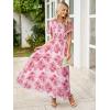 imageSimplee Womens Casual Floral Summer Maxi Dress 2026 Boho Flowy Short Sleeve Crew Neck Vacation Smocked Chiffon Dresses3 Pink
