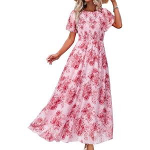 imageSimplee Womens Casual Floral Summer Maxi Dress 2026 Boho Flowy Short Sleeve Crew Neck Vacation Smocked Chiffon Dresses3 Pink