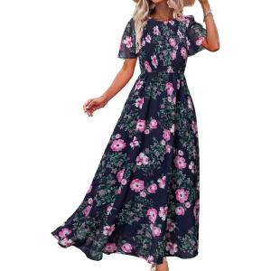 imageSimplee Womens Casual Floral Summer Maxi Dress 2026 Boho Flowy Short Sleeve Crew Neck Vacation Smocked Chiffon DressesFloral Navy