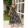 image:imageSimplee Womens Floral Maxi Dress  Short Sleeve Summer Boho Wedding Guest Dress Empire Waist Chiffon Modest Midi DressesBlack 1