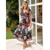 image:imageSimplee Womens Floral Maxi Dress  Short Sleeve Summer Boho Wedding Guest Dress Empire Waist Chiffon Modest Midi DressesBlack Peony