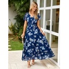 image:imageSimplee Womens Floral Maxi Dress  Short Sleeve Summer Boho Wedding Guest Dress Empire Waist Chiffon Modest Midi DressesBlue Floral