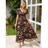 image:imageSimplee Womens Floral Maxi Dress  Short Sleeve Summer Boho Wedding Guest Dress Empire Waist Chiffon Modest Midi DressesBrown Floral