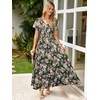 image:imageSimplee Womens Floral Maxi Dress  Short Sleeve Summer Boho Wedding Guest Dress Empire Waist Chiffon Modest Midi DressesGreen 2