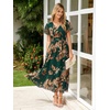 image:imageSimplee Womens Floral Maxi Dress  Short Sleeve Summer Boho Wedding Guest Dress Empire Waist Chiffon Modest Midi DressesGreen Brown Floral