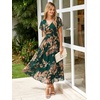 image:imageSimplee Womens Floral Maxi Dress  Short Sleeve Summer Boho Wedding Guest Dress Empire Waist Chiffon Modest Midi DressesGreen Brown Floral