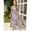 image:imageSimplee Womens Floral Maxi Dress  Short Sleeve Summer Boho Wedding Guest Dress Empire Waist Chiffon Modest Midi DressesGreen Floral
