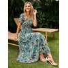 image:imageSimplee Womens Floral Maxi Dress  Short Sleeve Summer Boho Wedding Guest Dress Empire Waist Chiffon Modest Midi DressesLake Blue