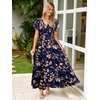 image:imageSimplee Womens Floral Maxi Dress  Short Sleeve Summer Boho Wedding Guest Dress Empire Waist Chiffon Modest Midi DressesNavy Blue 2