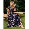 image:imageSimplee Womens Floral Maxi Dress  Short Sleeve Summer Boho Wedding Guest Dress Empire Waist Chiffon Modest Midi DressesNavy Blue 2