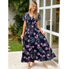 image:imageSimplee Womens Floral Maxi Dress  Short Sleeve Summer Boho Wedding Guest Dress Empire Waist Chiffon Modest Midi DressesNavy Blue