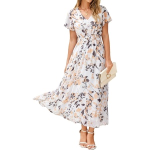 image:imageSimplee Womens Floral Maxi Dress  Short Sleeve Summer Boho Wedding Guest Dress Empire Waist Chiffon Modest Midi DressesBeige Floral