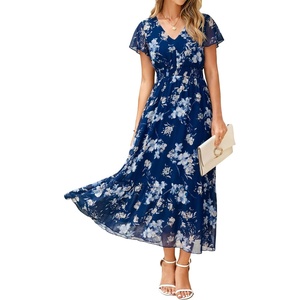 image:imageSimplee Womens Floral Maxi Dress  Short Sleeve Summer Boho Wedding Guest Dress Empire Waist Chiffon Modest Midi DressesBlue Floral