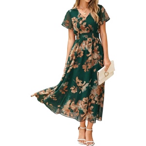 image:imageSimplee Womens Floral Maxi Dress  Short Sleeve Summer Boho Wedding Guest Dress Empire Waist Chiffon Modest Midi DressesGreen Brown Floral