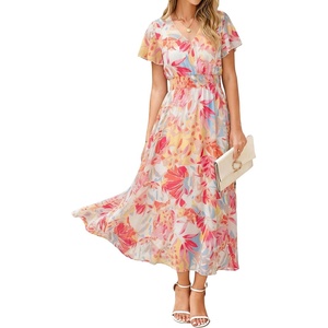 image:imageSimplee Womens Floral Maxi Dress  Short Sleeve Summer Boho Wedding Guest Dress Empire Waist Chiffon Modest Midi DressesPink Floral 2