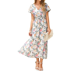 image:imageSimplee Womens Floral Maxi Dress  Short Sleeve Summer Boho Wedding Guest Dress Empire Waist Chiffon Modest Midi DressesWhite 1