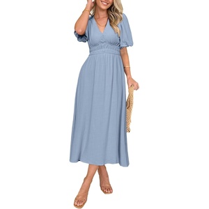 image:imageSimplee Womens Summer Beach Wedding Linen Mini Dress Casual Short Sleeve V Neck Empire Waist Flowy Boho SundressSolidlight Blue